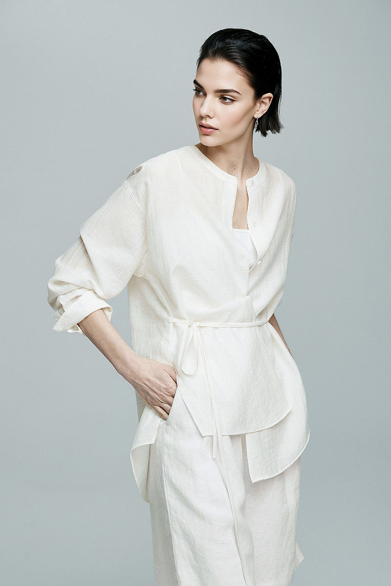 White Linen-Blend Collarless Belted Shirt