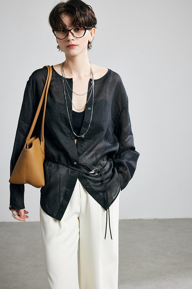 100% Ramie Collarless Long Sleeve Button Down Shirt