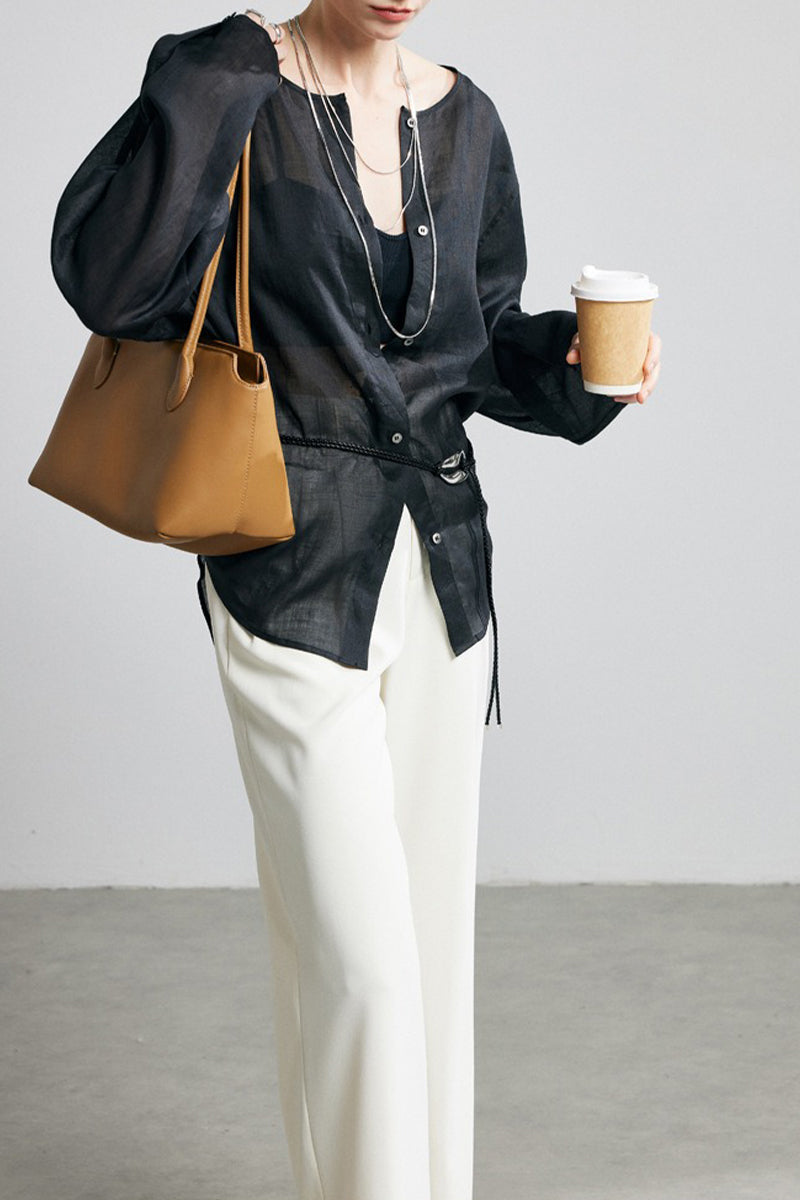 100% Ramie Collarless Long Sleeve Button Down Shirt