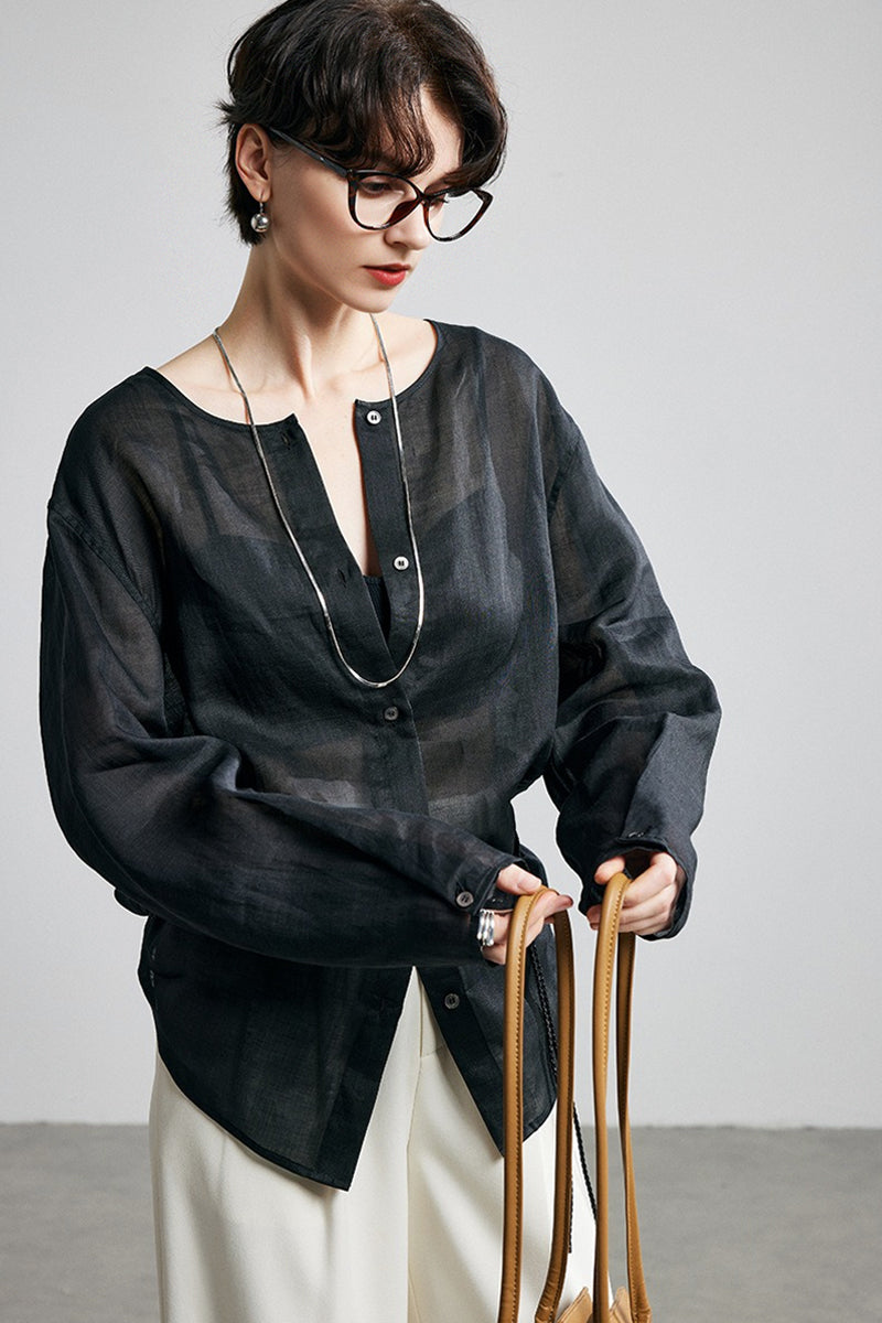 100% Ramie Collarless Long Sleeve Button Down Shirt
