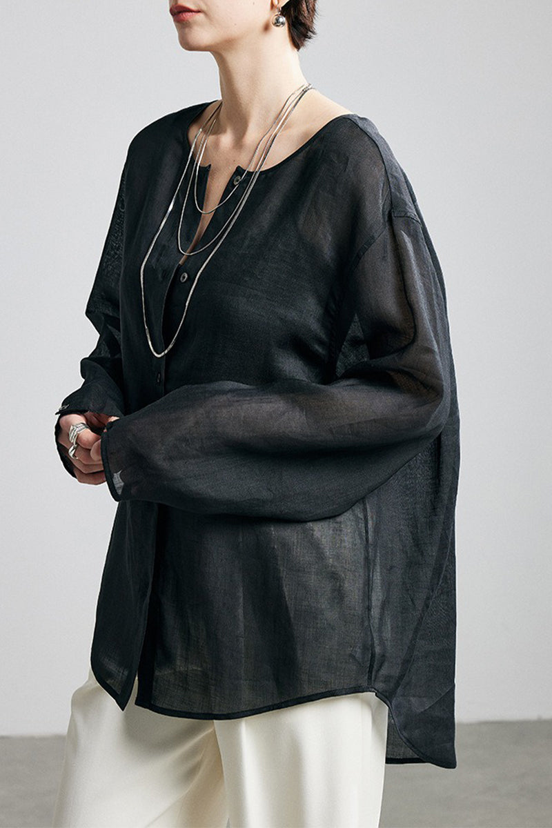 100% Ramie Collarless Long Sleeve Button Down Shirt