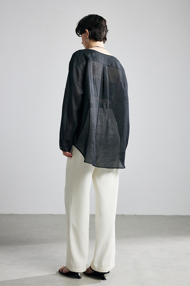 100% Ramie Collarless Long Sleeve Button Down Shirt