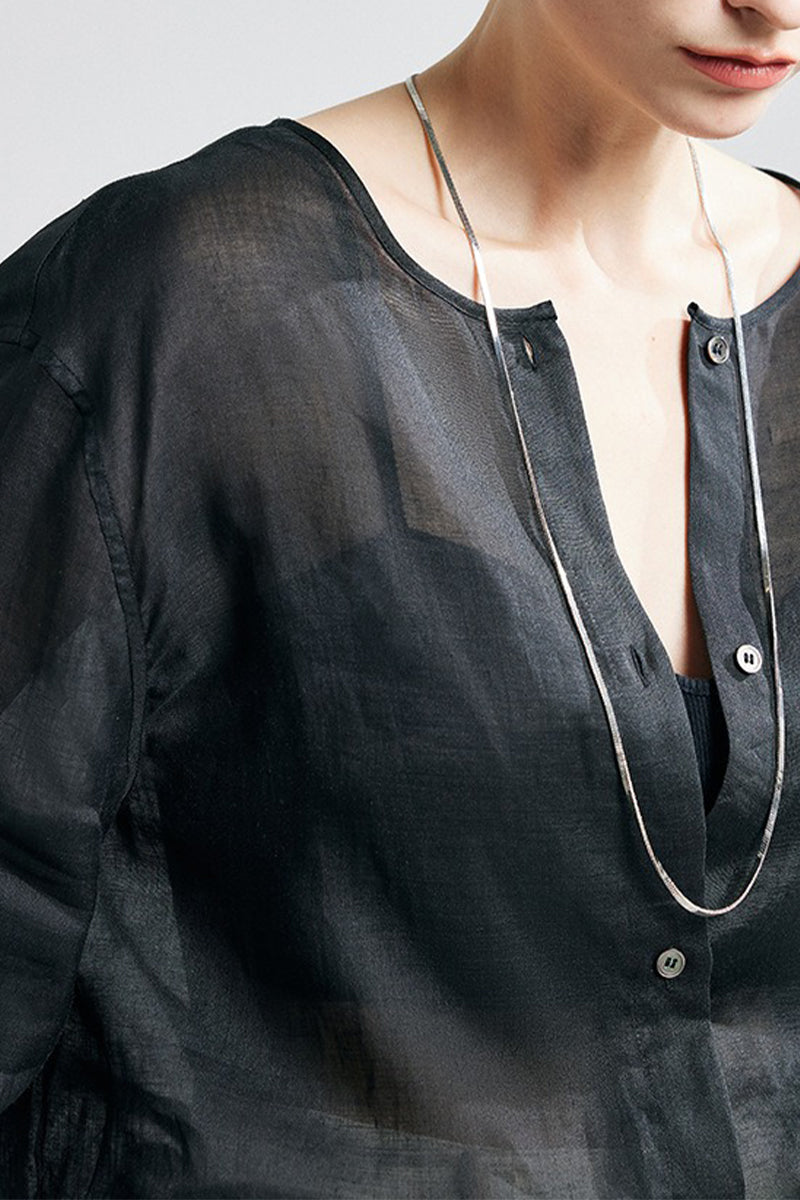 100% Ramie Collarless Long Sleeve Button Down Shirt