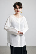 100% Ramie Collarless Long Sleeve Button Down Shirt