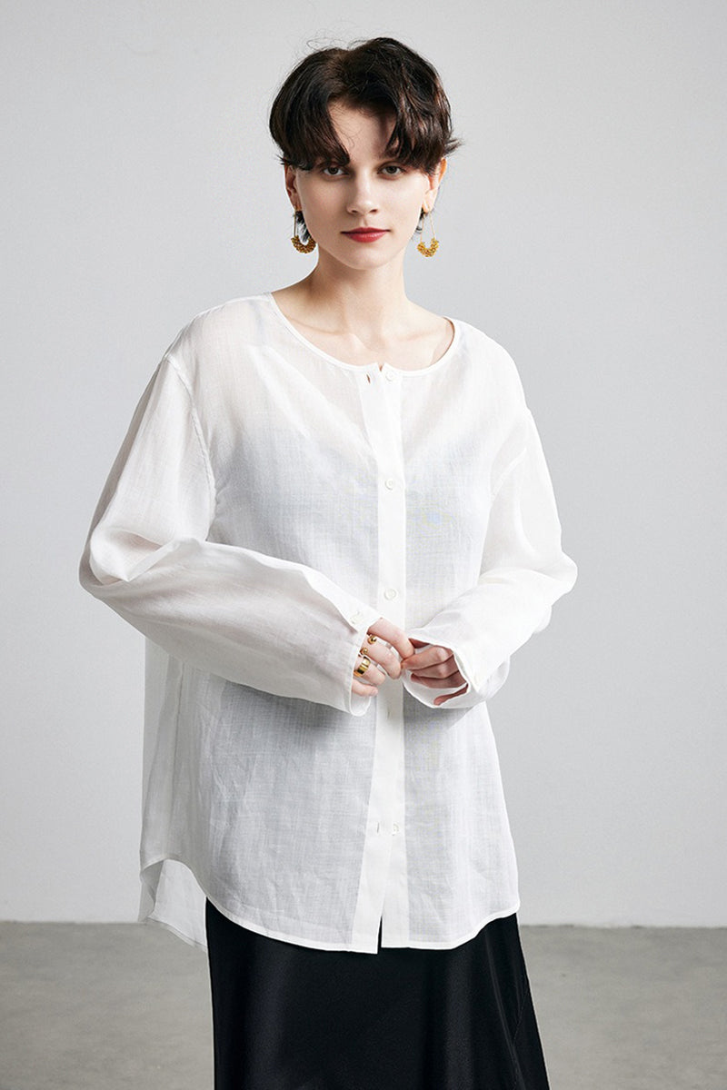 100% Ramie Collarless Long Sleeve Button Down Shirt