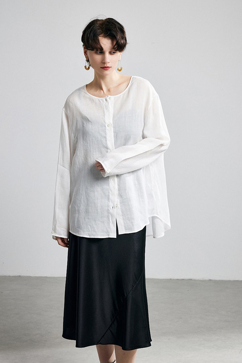 100% Ramie Collarless Long Sleeve Button Down Shirt