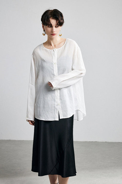100% Ramie Collarless Long Sleeve Button Down Shirt