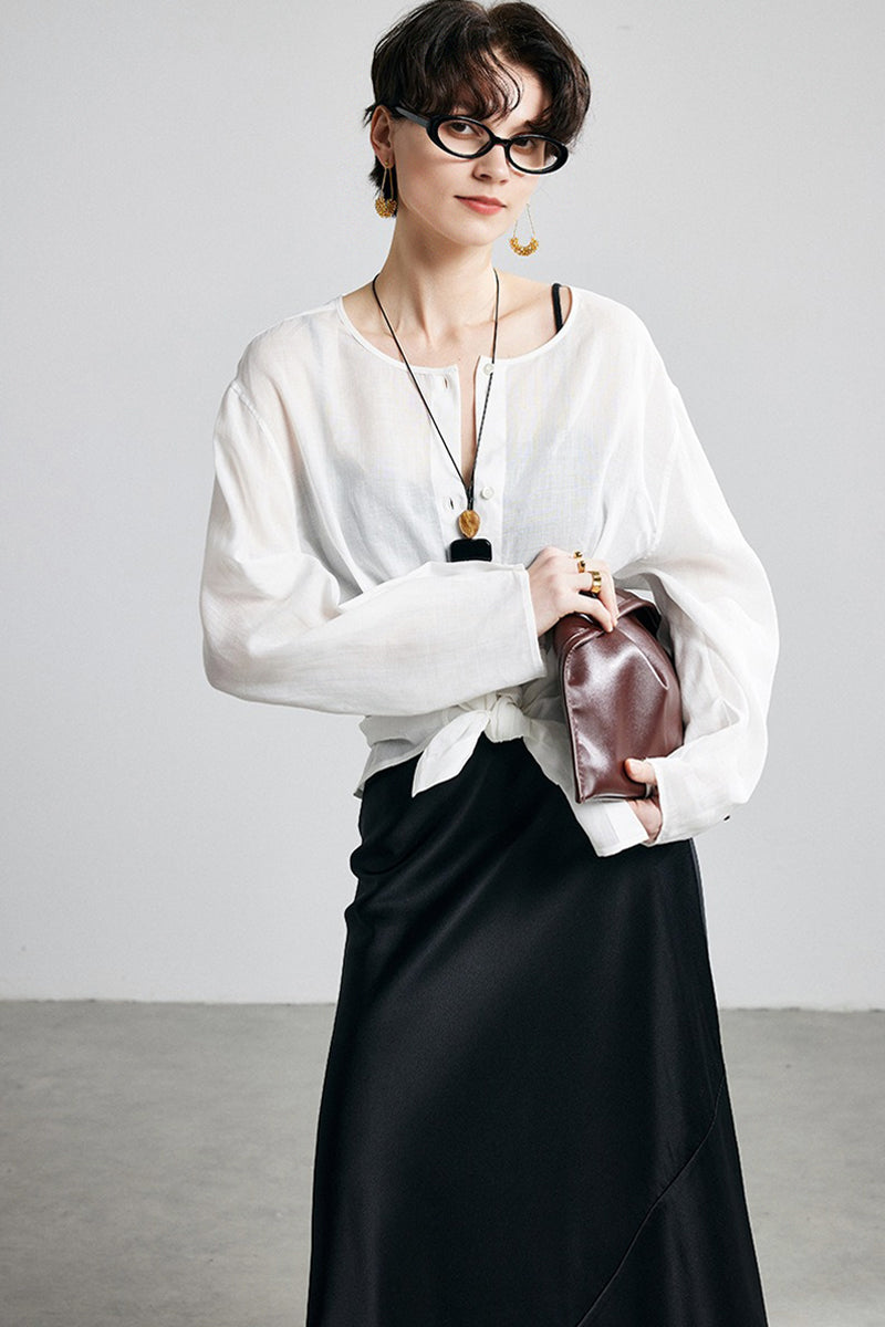 100% Ramie Collarless Long Sleeve Button Down Shirt
