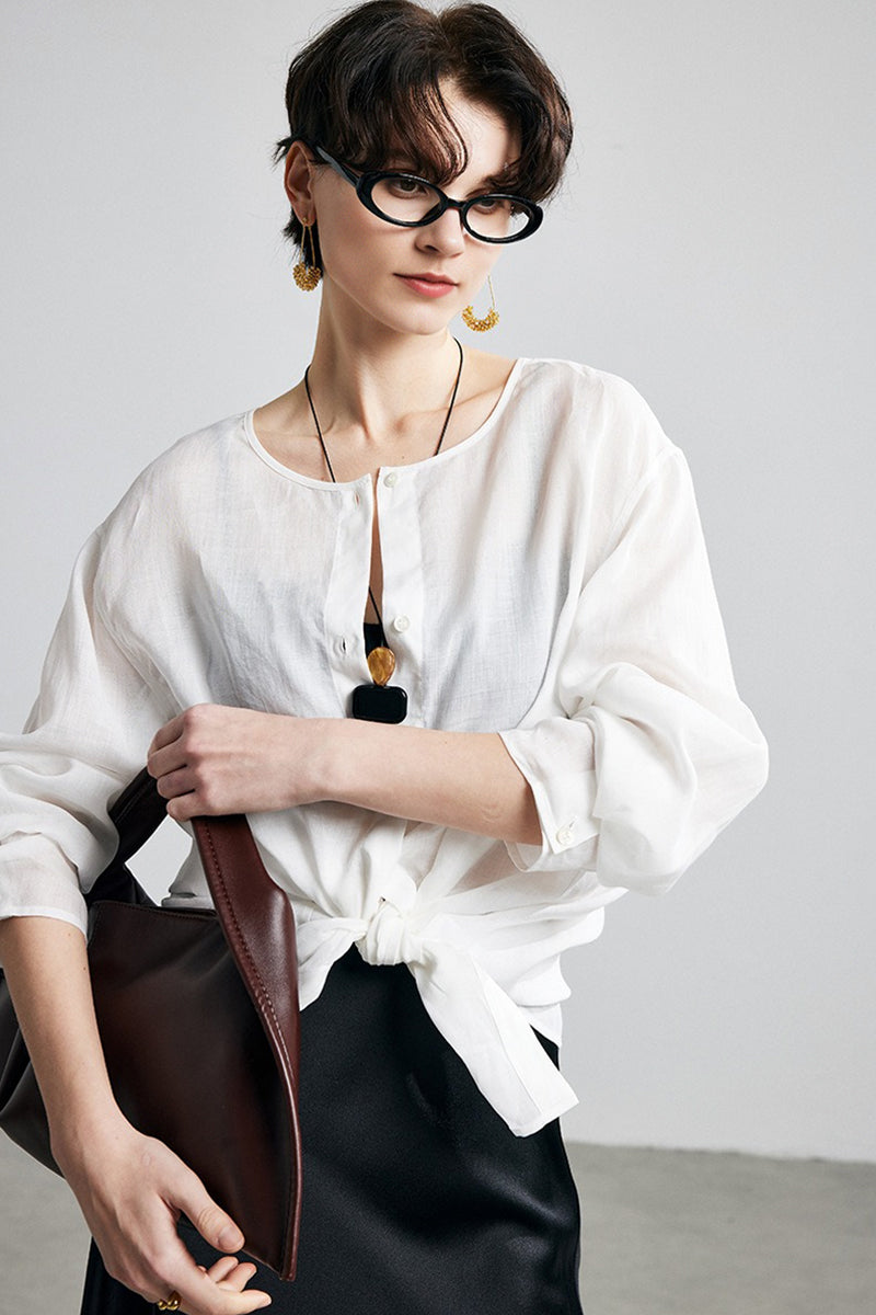 100% Ramie Collarless Long Sleeve Button Down Shirt