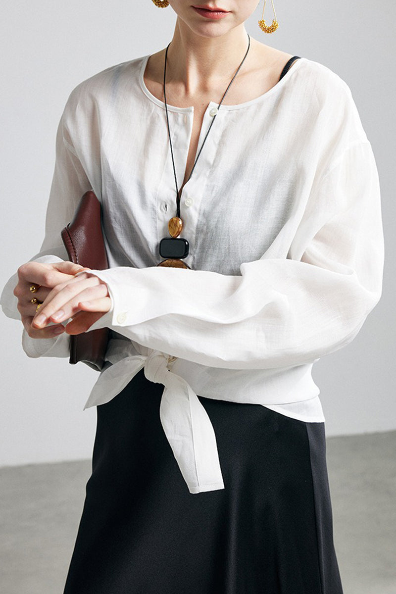 100% Ramie Collarless Long Sleeve Button Down Shirt