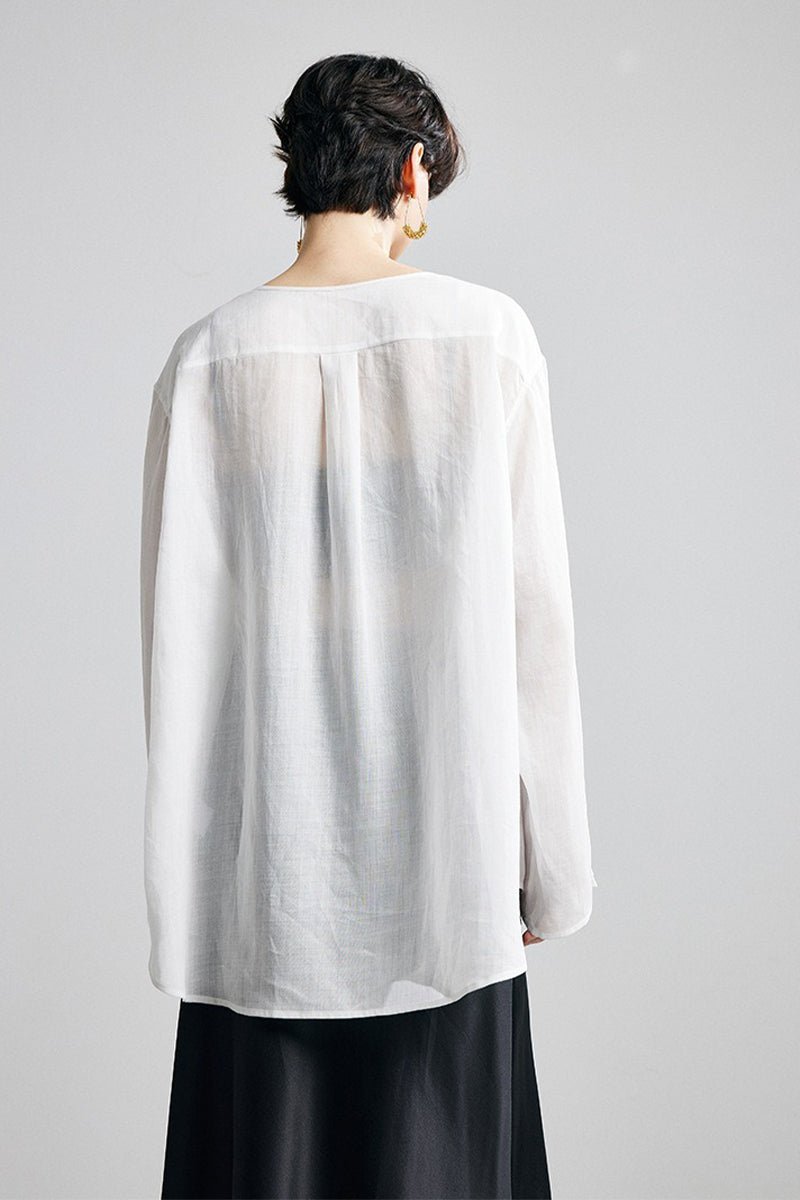 100% Ramie Collarless Long Sleeve Button Down Shirt