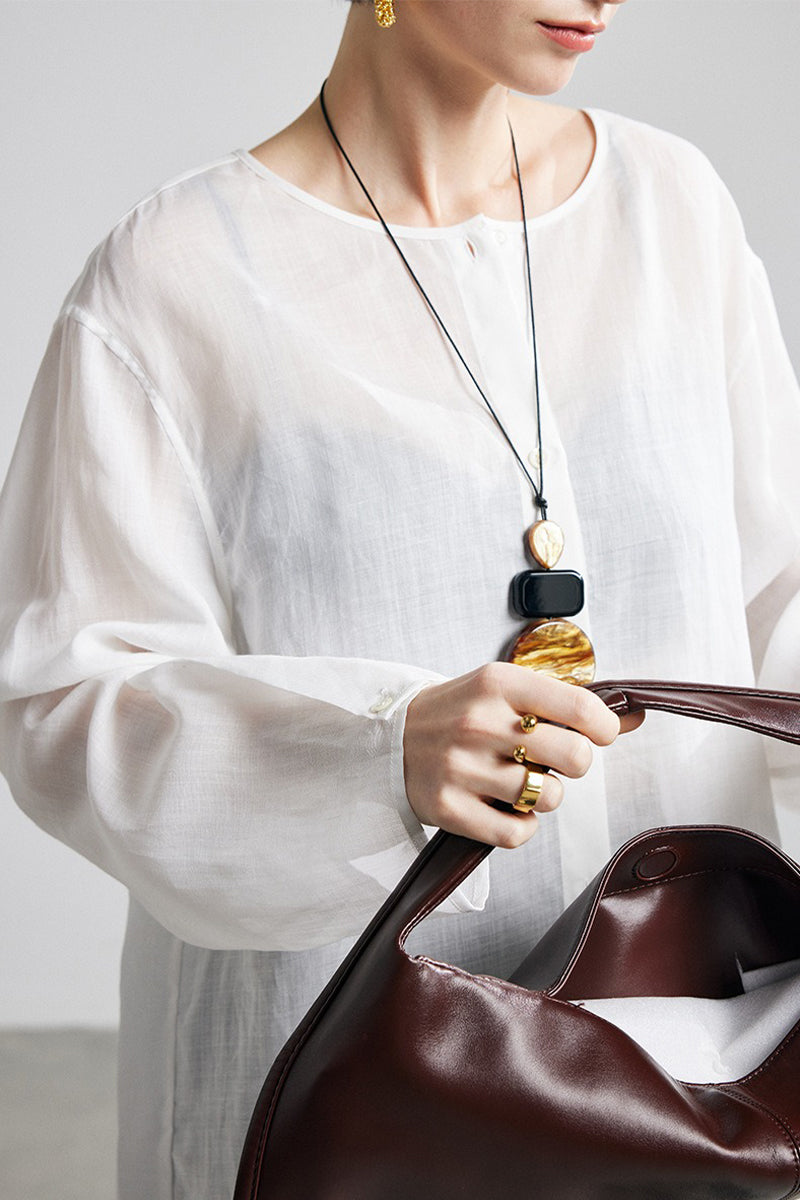 100% Ramie Collarless Long Sleeve Button Down Shirt
