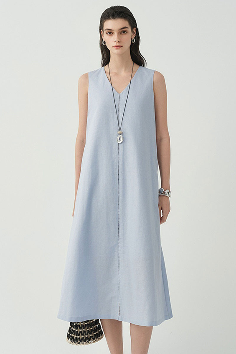White Linen V Neck Sleeveless A Line Maxi Dress
