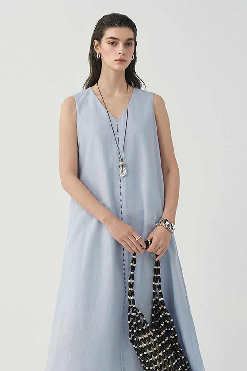 White Linen V Neck Sleeveless A Line Maxi Dress