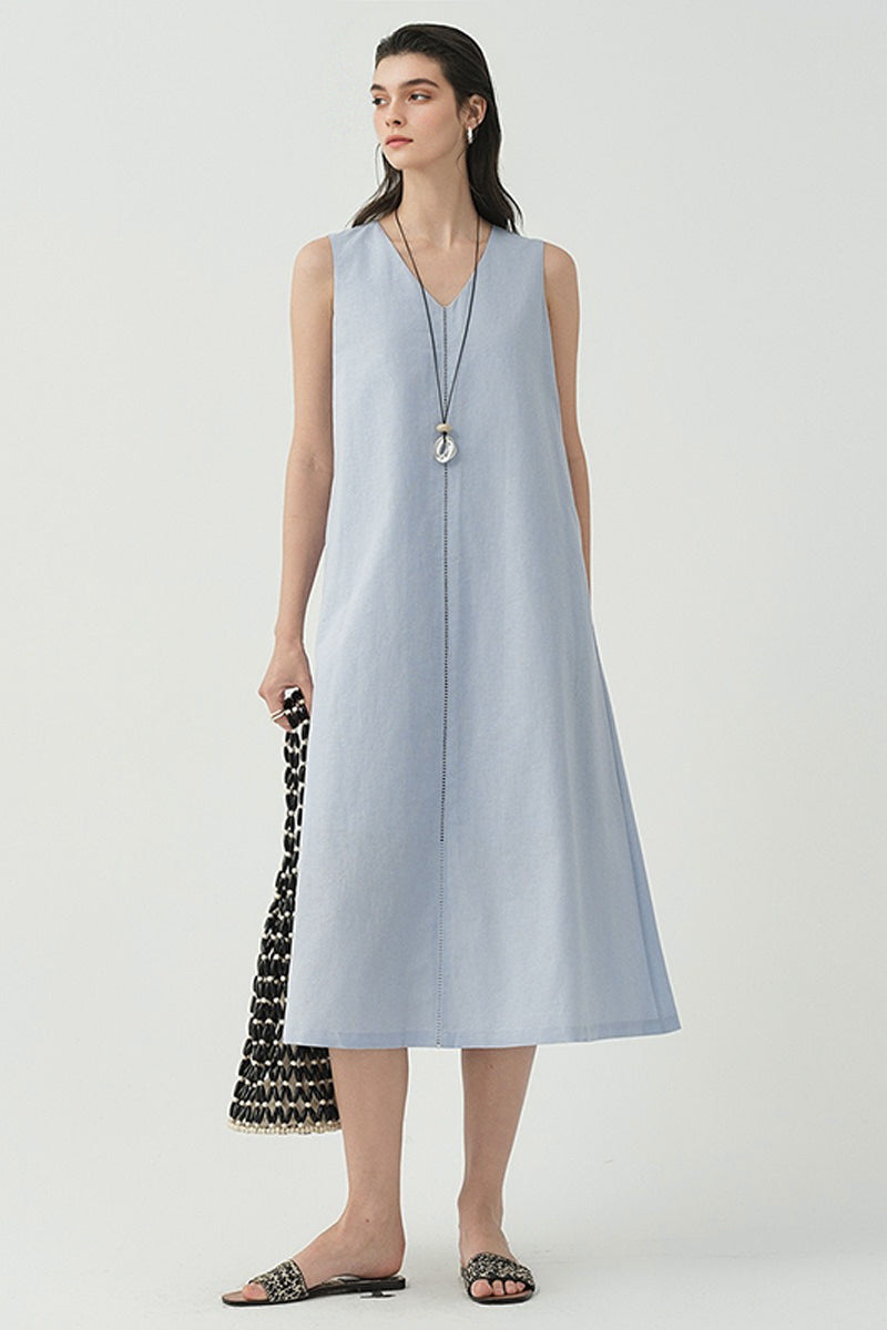 White Linen V Neck Sleeveless A Line Maxi Dress