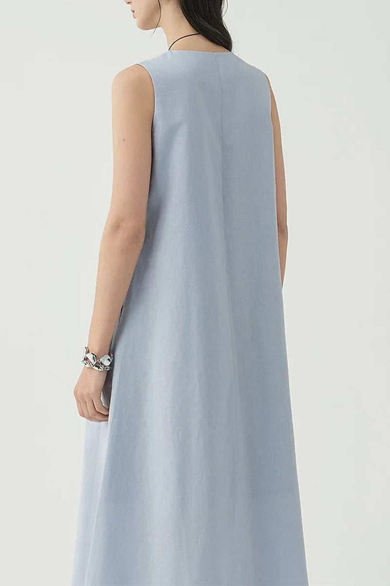 White Linen V Neck Sleeveless A Line Maxi Dress