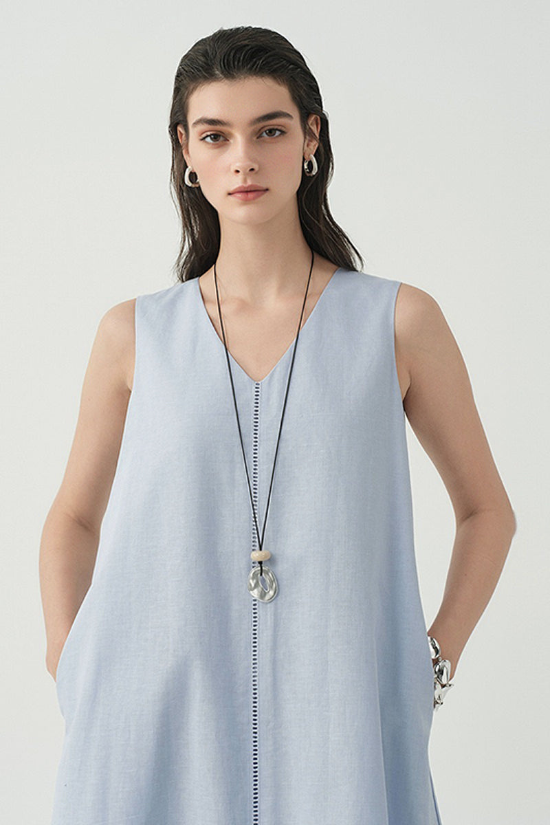 White Linen V Neck Sleeveless A Line Maxi Dress