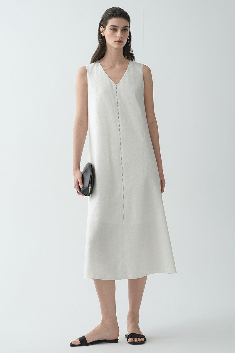 White Linen V Neck Sleeveless A Line Maxi Dress