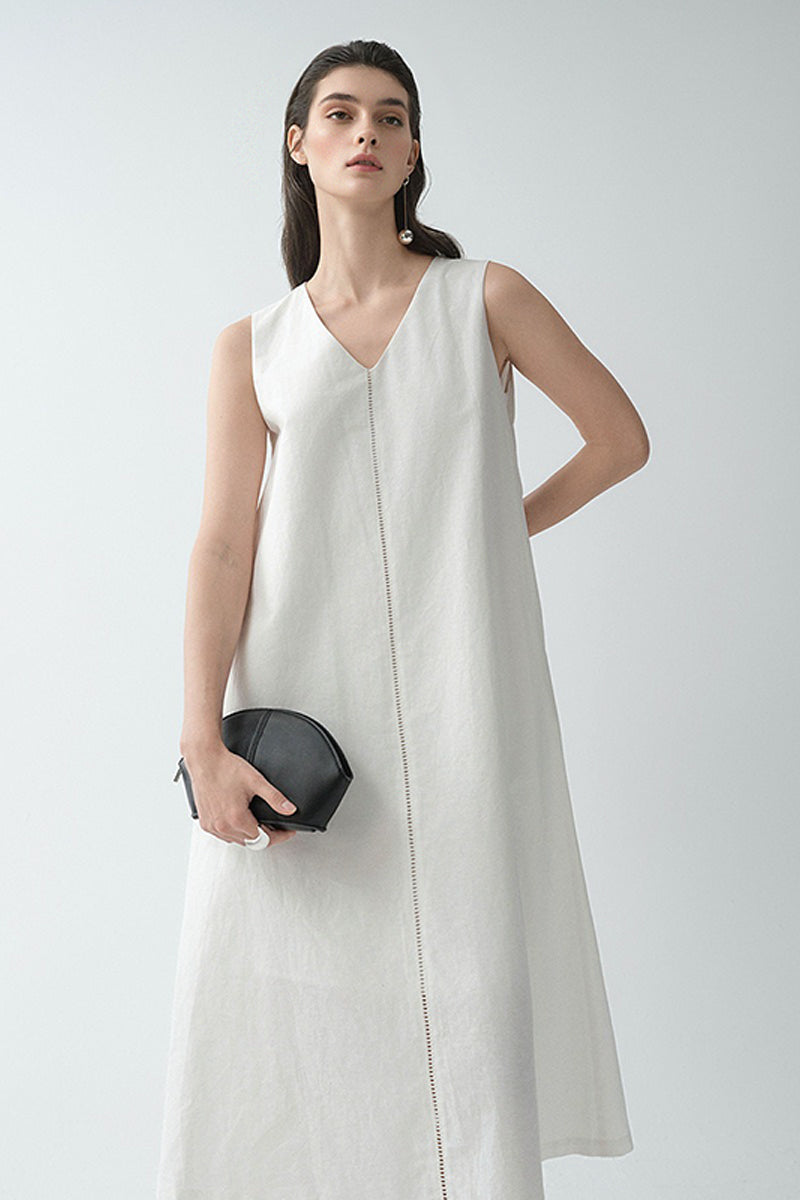 White Linen V Neck Sleeveless A Line Maxi Dress