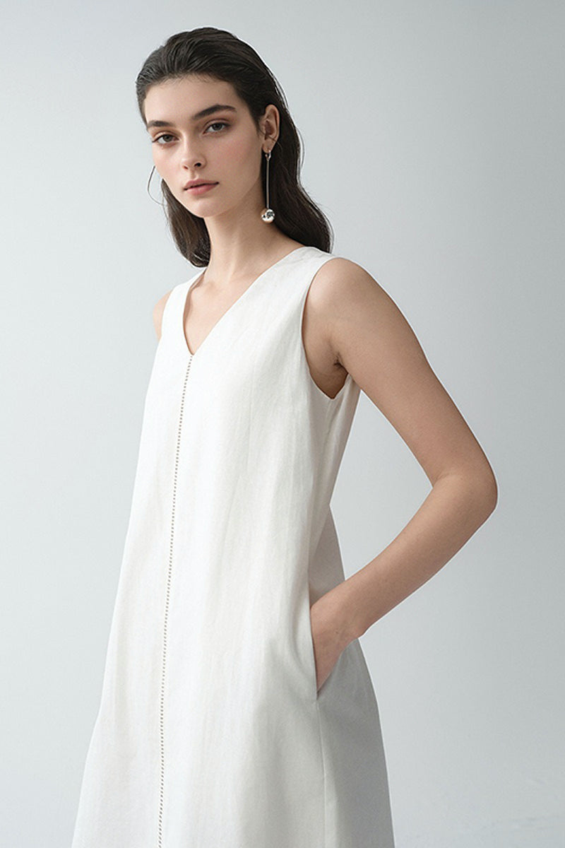 White Linen V Neck Sleeveless A Line Maxi Dress