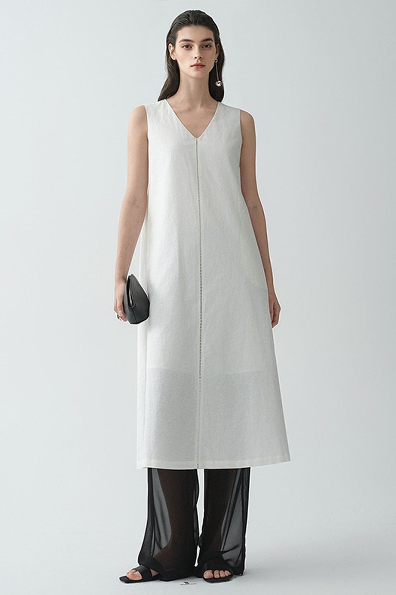 White Linen V Neck Sleeveless A Line Maxi Dress