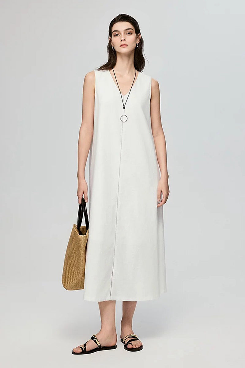White Linen V Neck Sleeveless A Line Maxi Dress