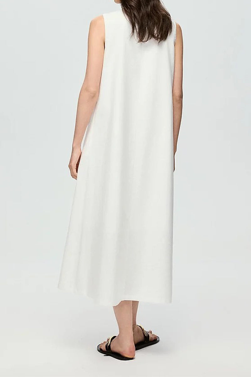 White Linen V Neck Sleeveless A Line Maxi Dress