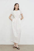 White Long-Staple Cotton Midi Dress with Front Pleat