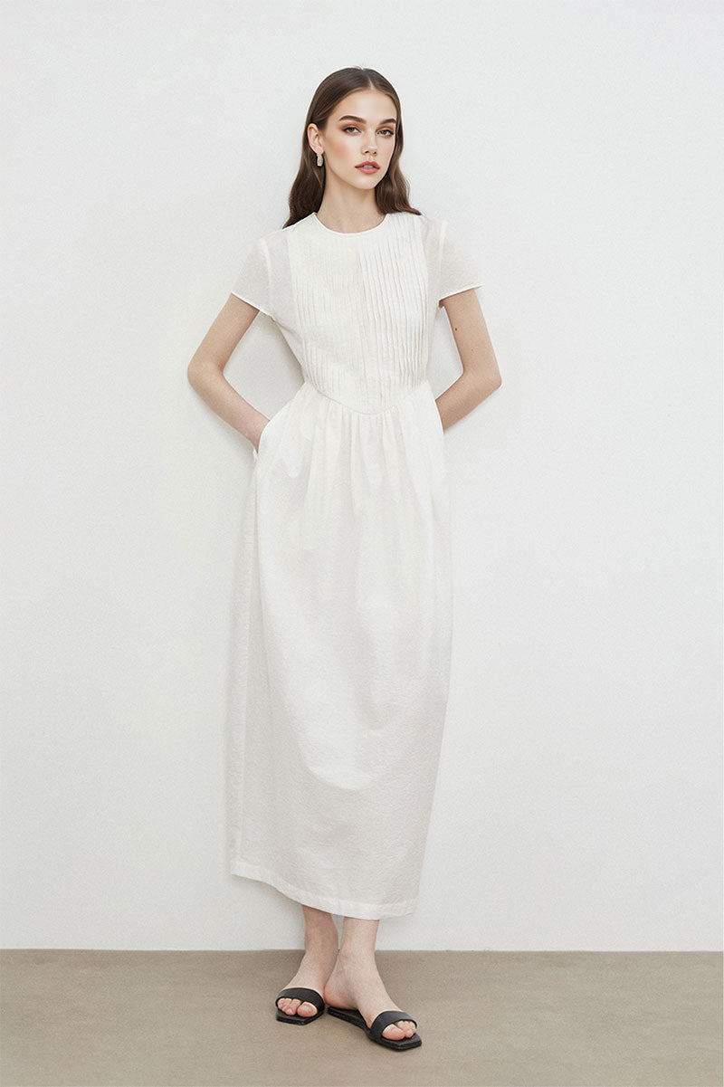White Long-Staple Cotton Midi Dress with Front Pleat