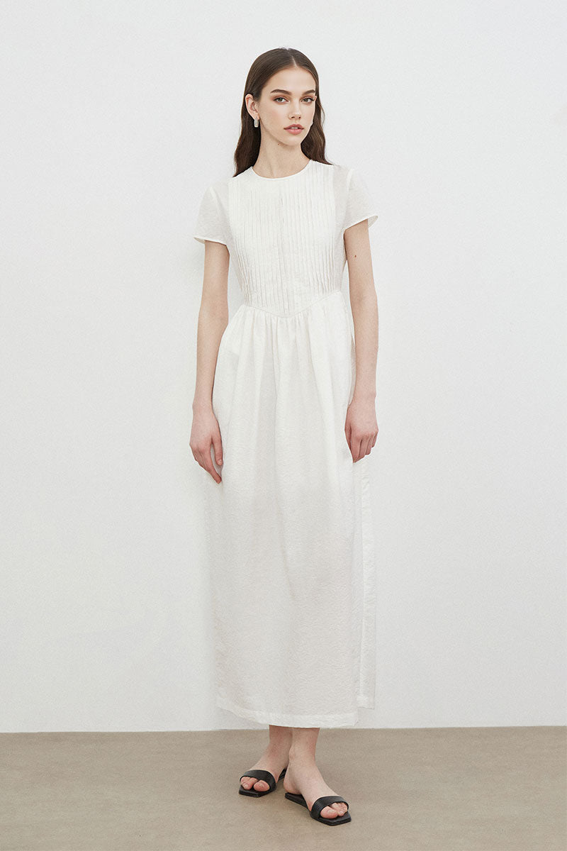 White Long-Staple Cotton Midi Dress with Front Pleat