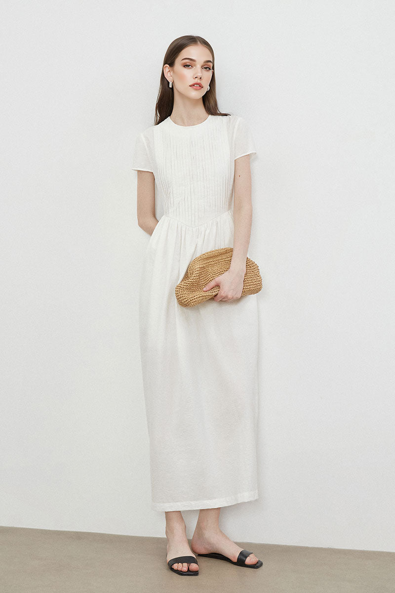 White Long-Staple Cotton Midi Dress with Front Pleat