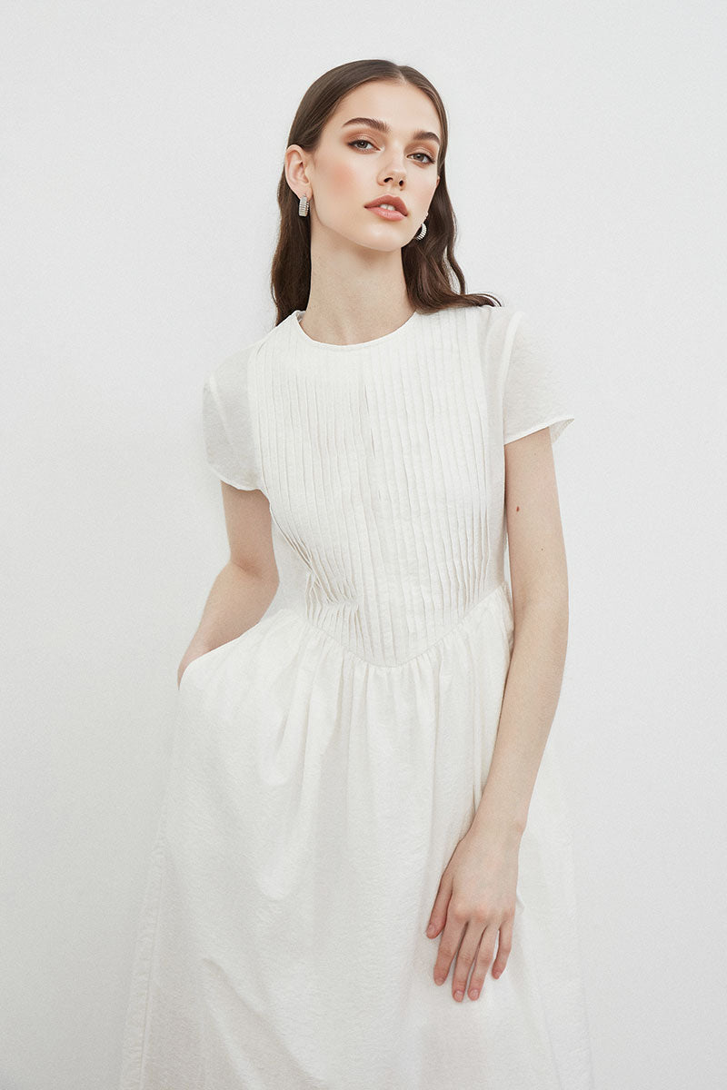 White Long-Staple Cotton Midi Dress with Front Pleat