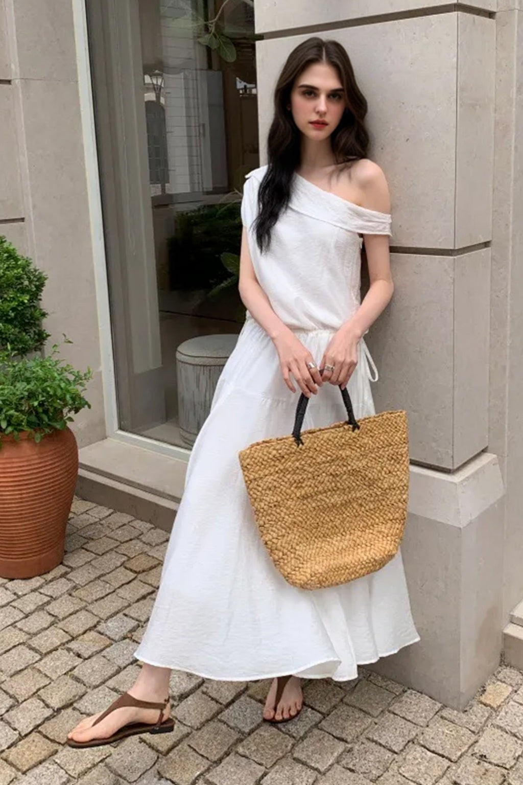 White One Shoulder Maxi Dress with Cinched Waist