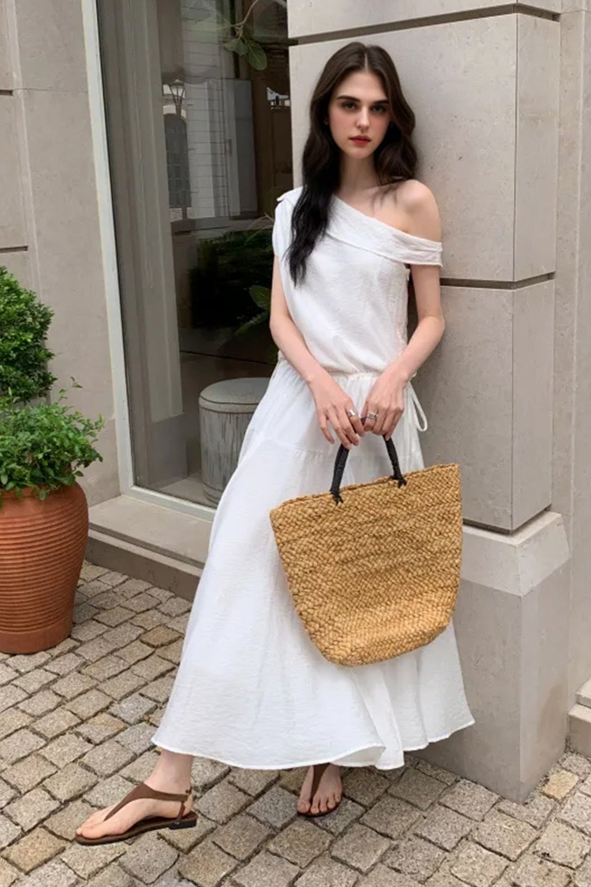 White One Shoulder Maxi Dress with Cinched Waist
