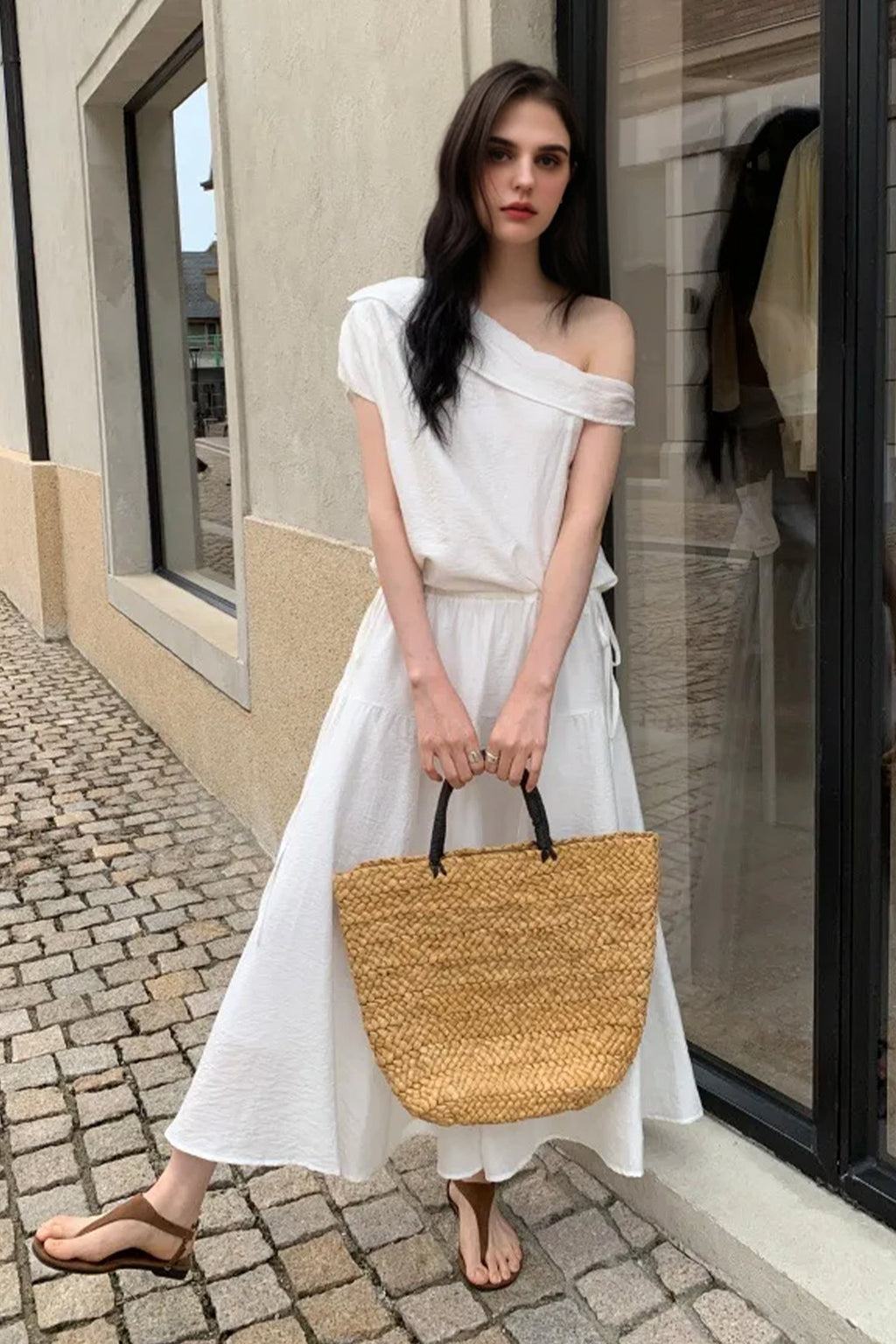 White One Shoulder Maxi Dress with Cinched Waist