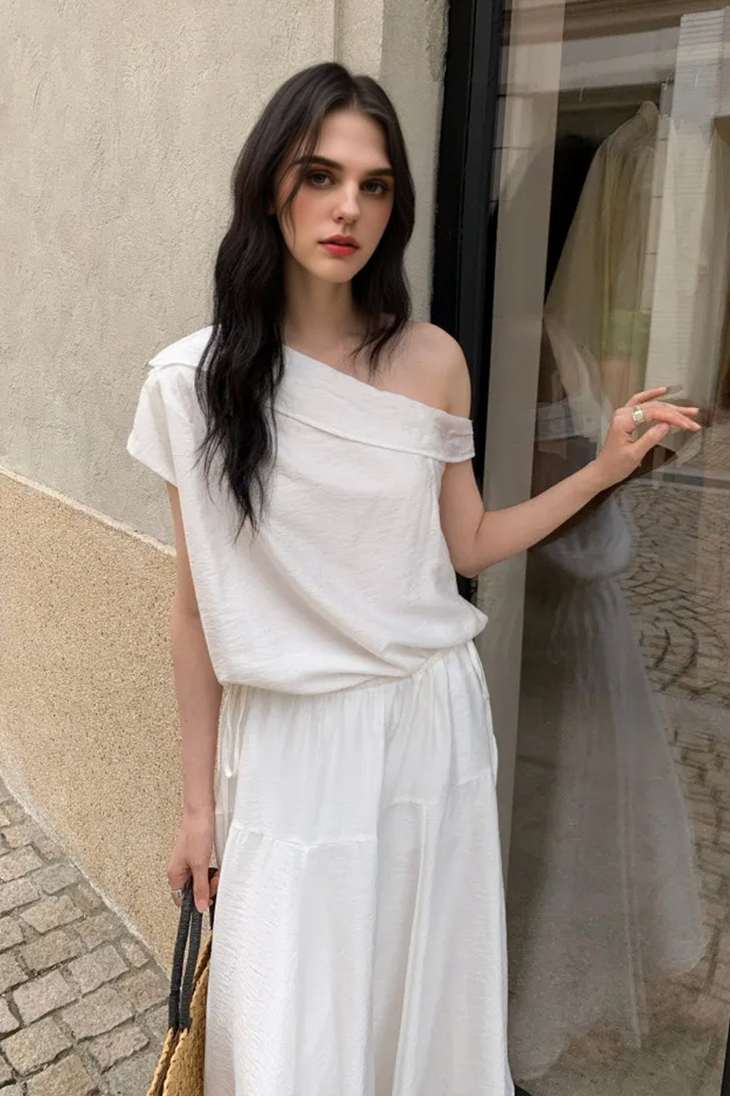 White One Shoulder Maxi Dress with Cinched Waist