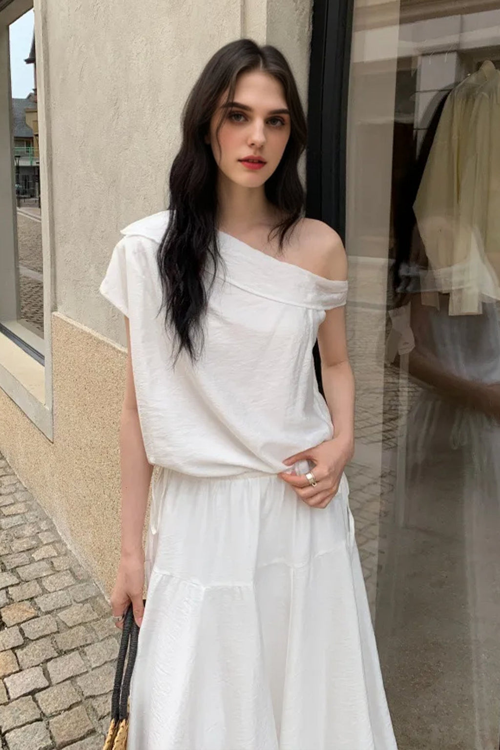 White One Shoulder Maxi Dress with Cinched Waist