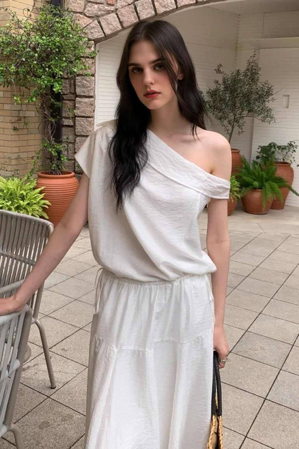 White One Shoulder Maxi Dress with Cinched Waist
