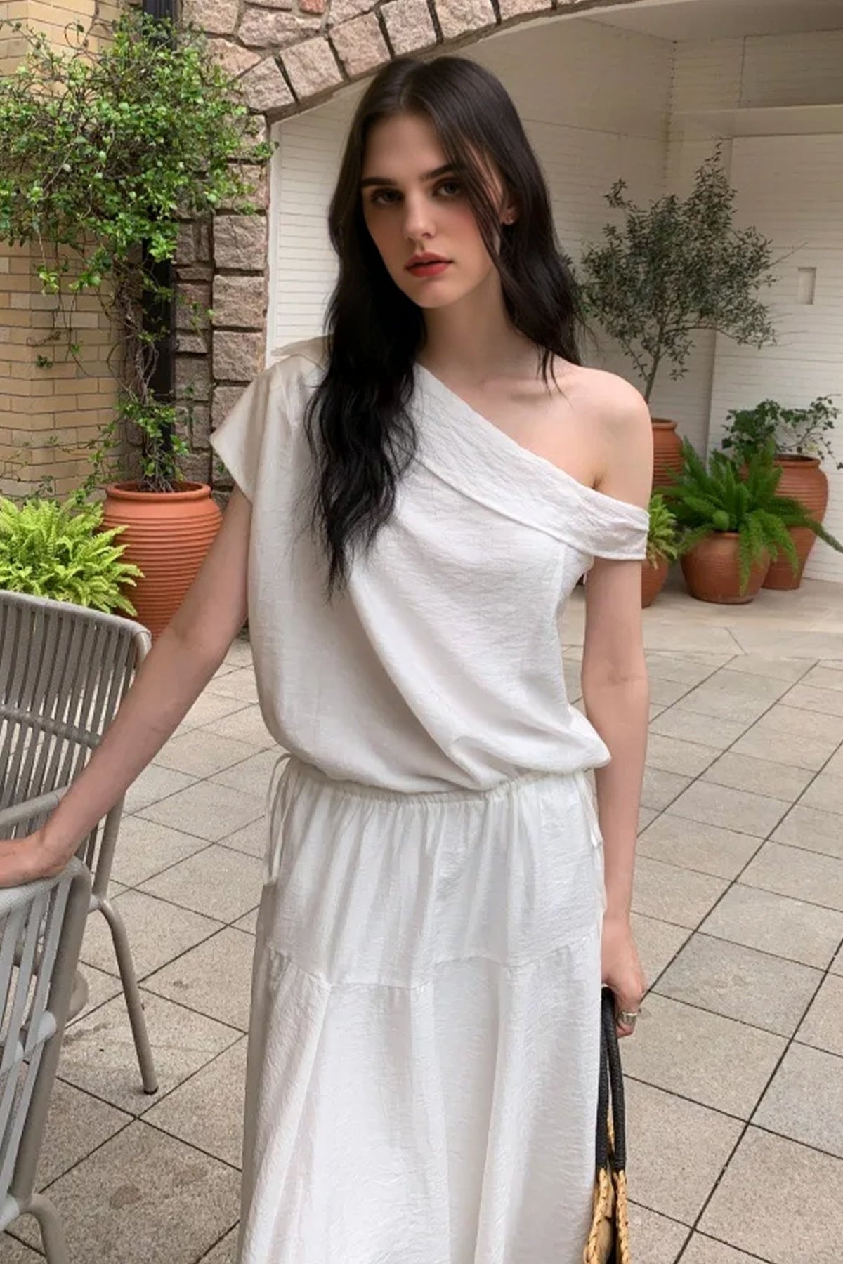 White One Shoulder Maxi Dress with Cinched Waist
