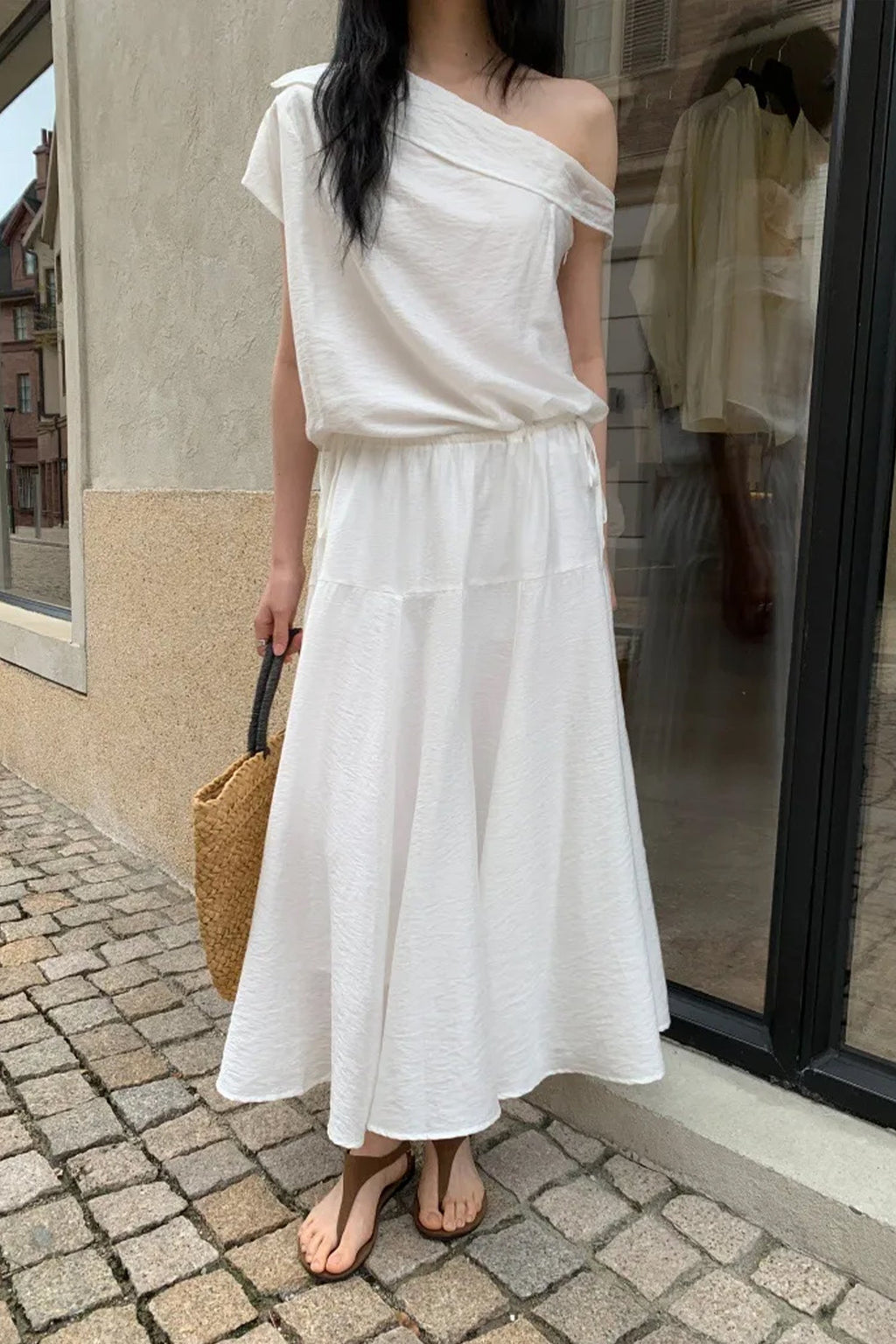 White One Shoulder Maxi Dress with Cinched Waist