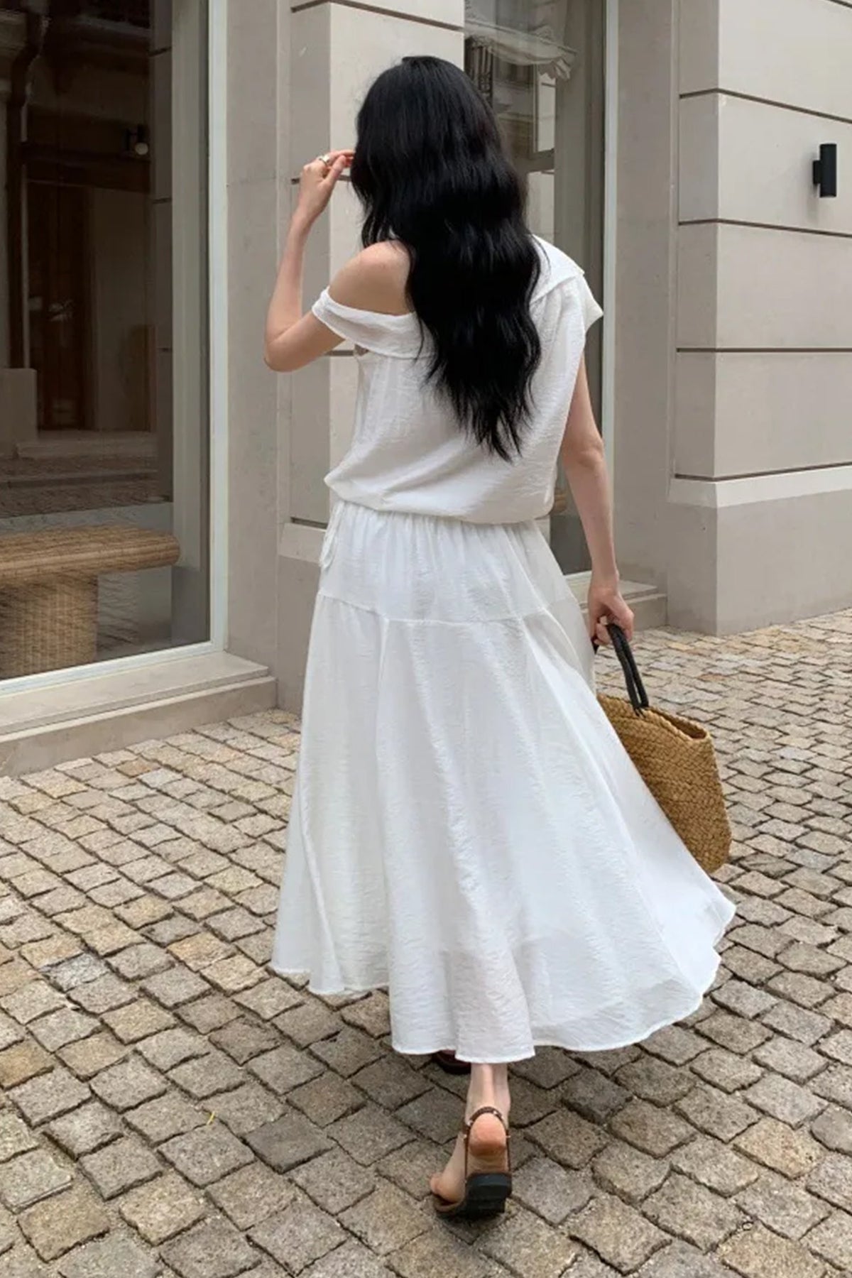 White One Shoulder Maxi Dress with Cinched Waist
