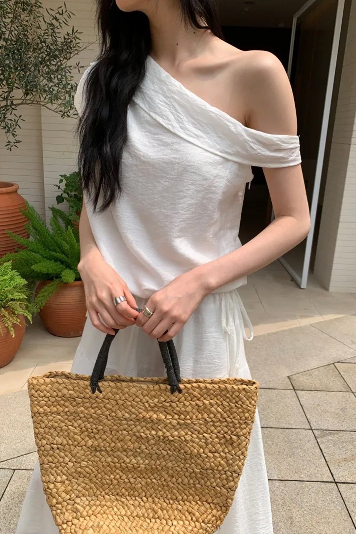 White One Shoulder Maxi Dress with Cinched Waist