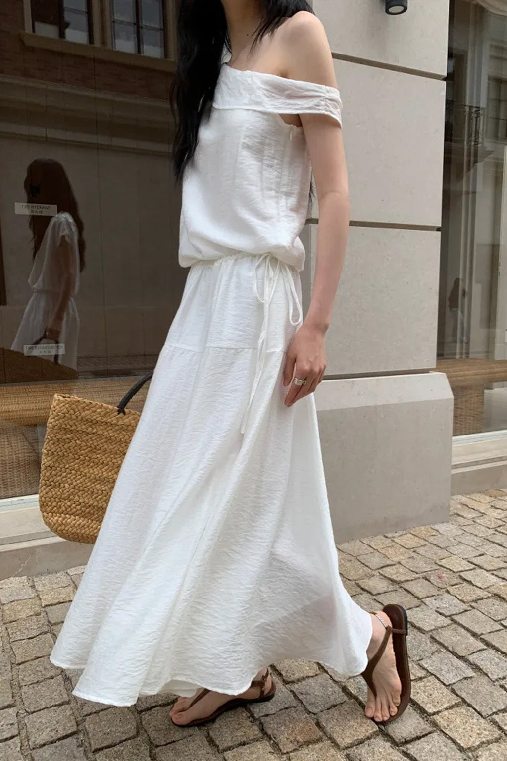 White One Shoulder Maxi Dress with Cinched Waist