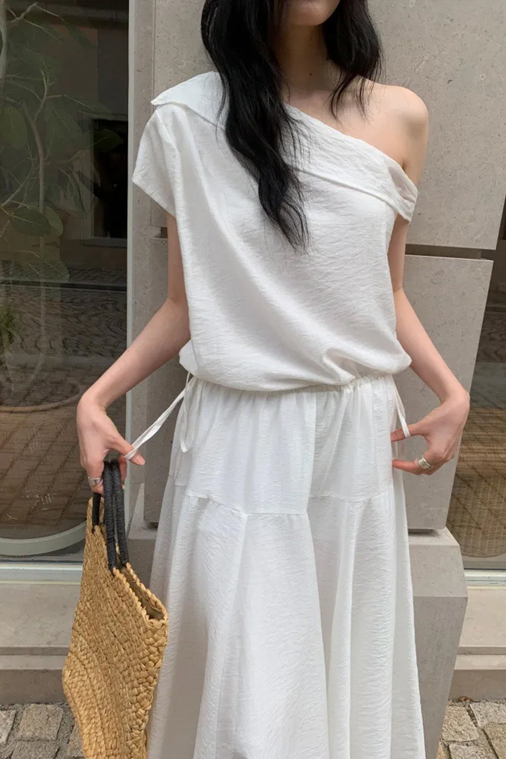White One Shoulder Maxi Dress with Cinched Waist