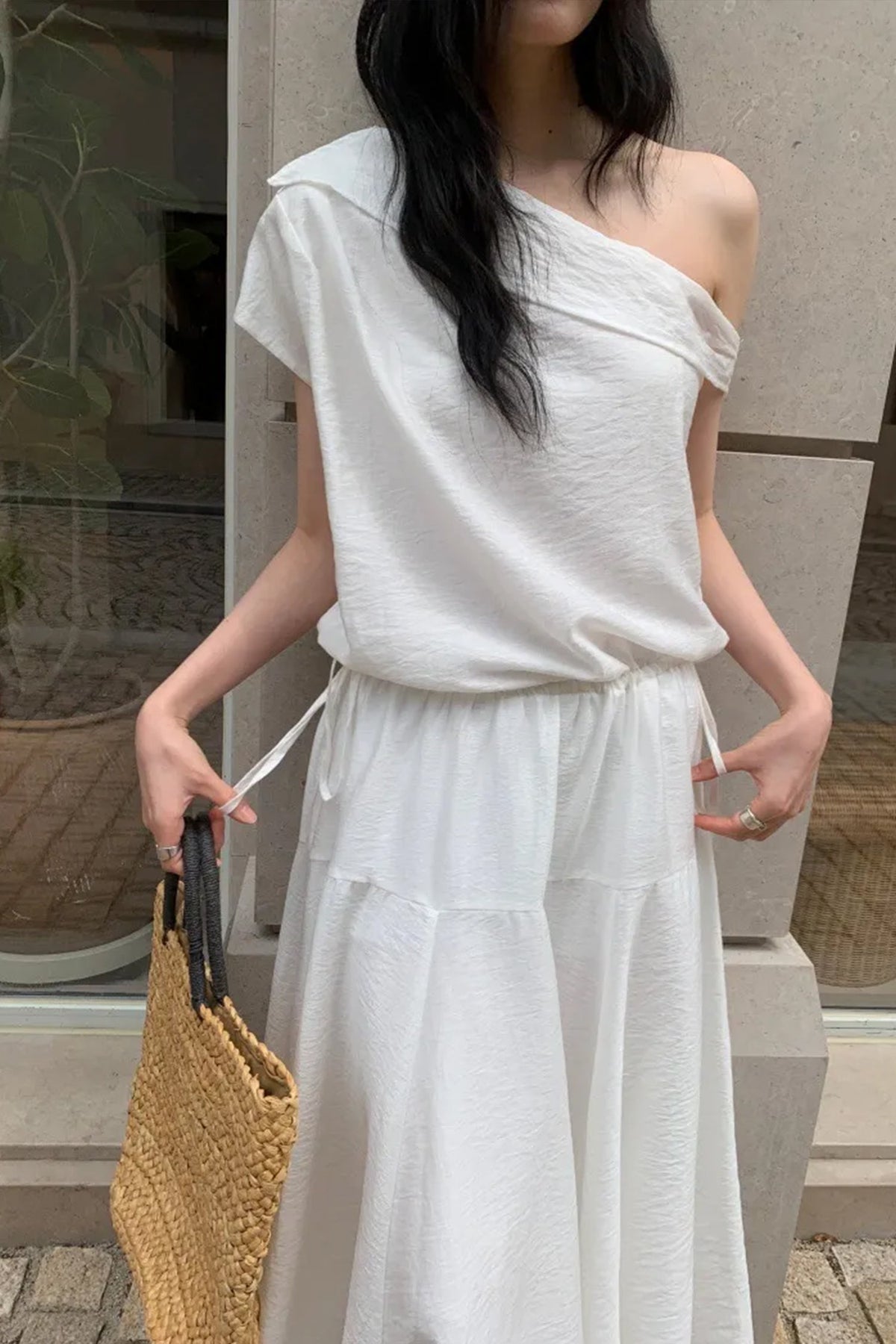 White One Shoulder Maxi Dress with Cinched Waist
