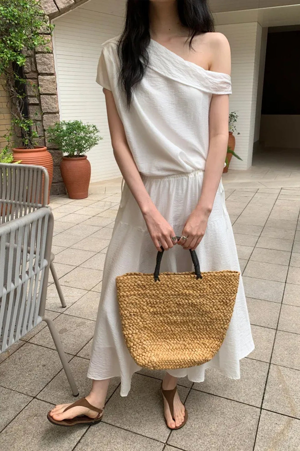 White One Shoulder Maxi Dress with Cinched Waist