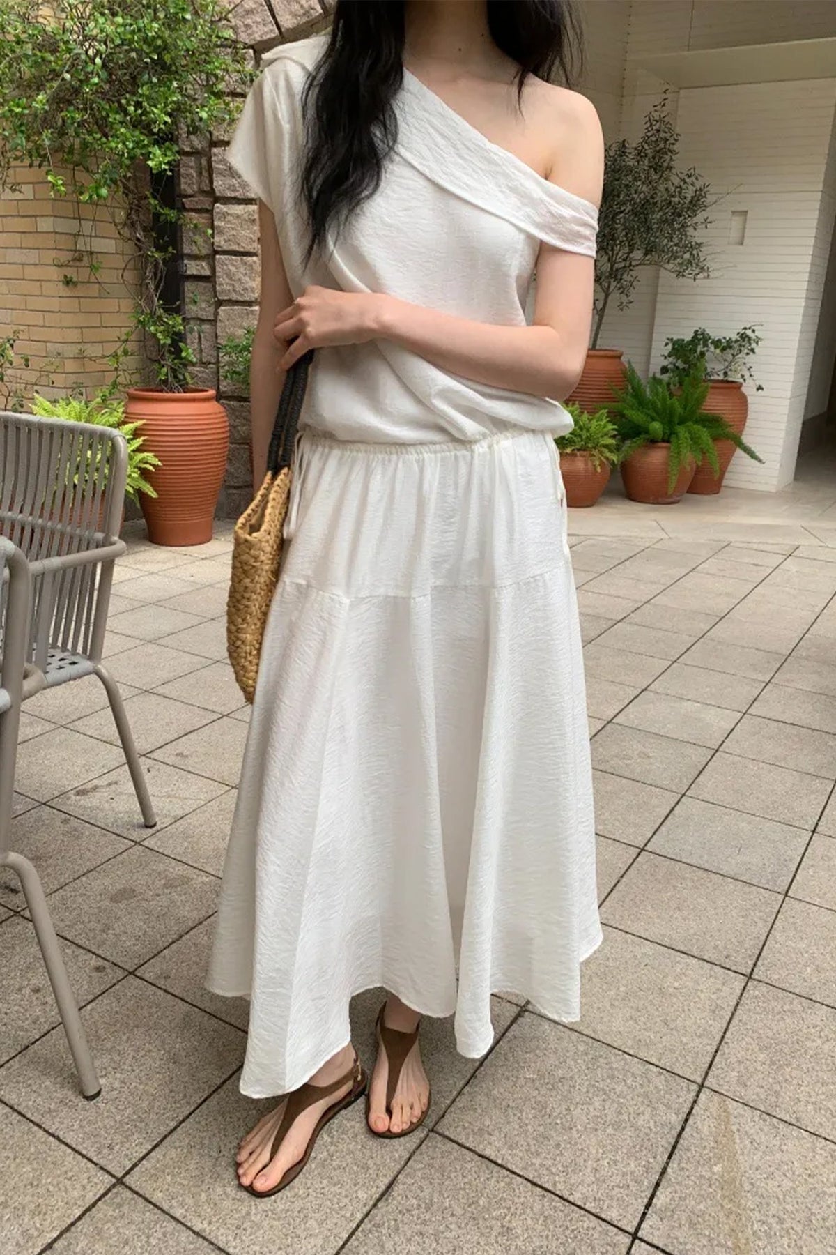 White One Shoulder Maxi Dress with Cinched Waist