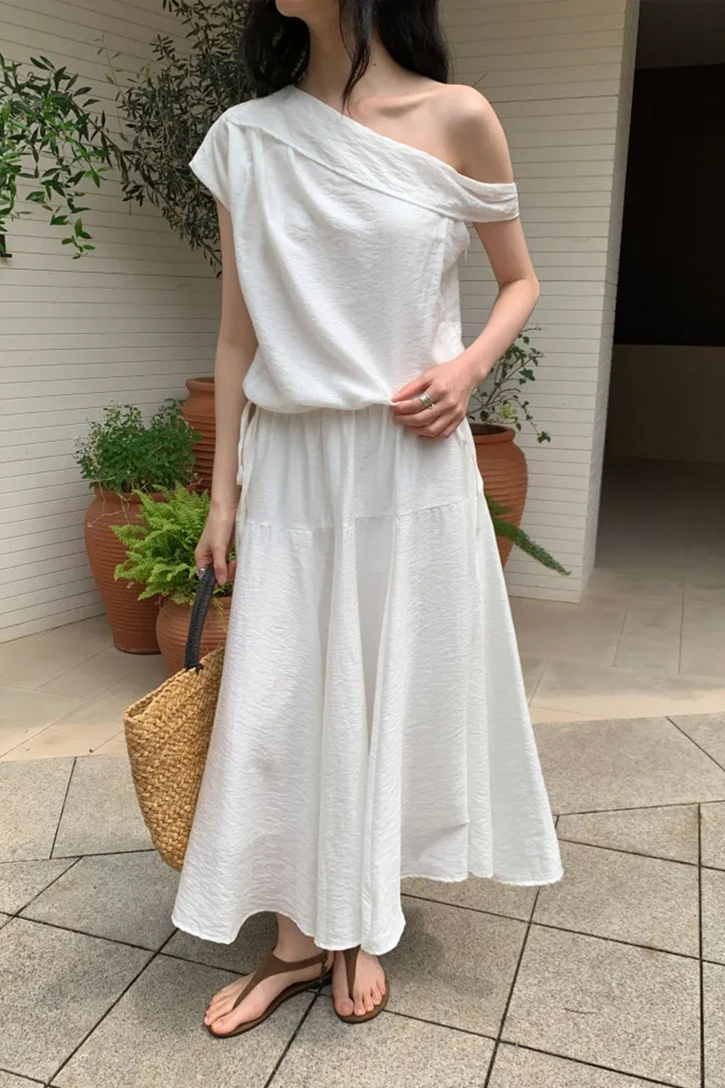 White One Shoulder Maxi Dress with Cinched Waist