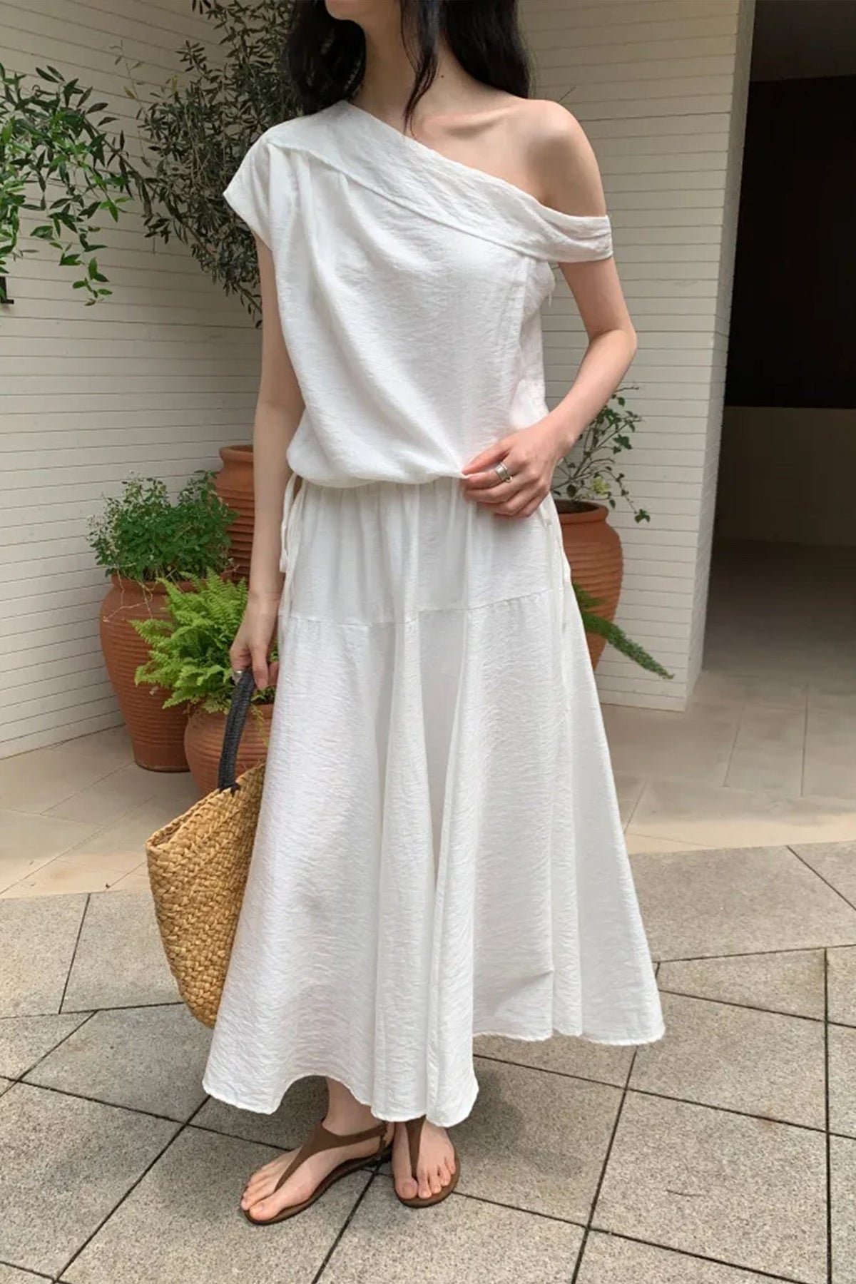 White One Shoulder Maxi Dress with Cinched Waist