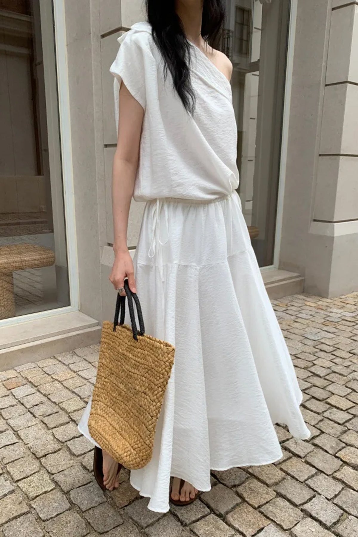 White One Shoulder Maxi Dress with Cinched Waist